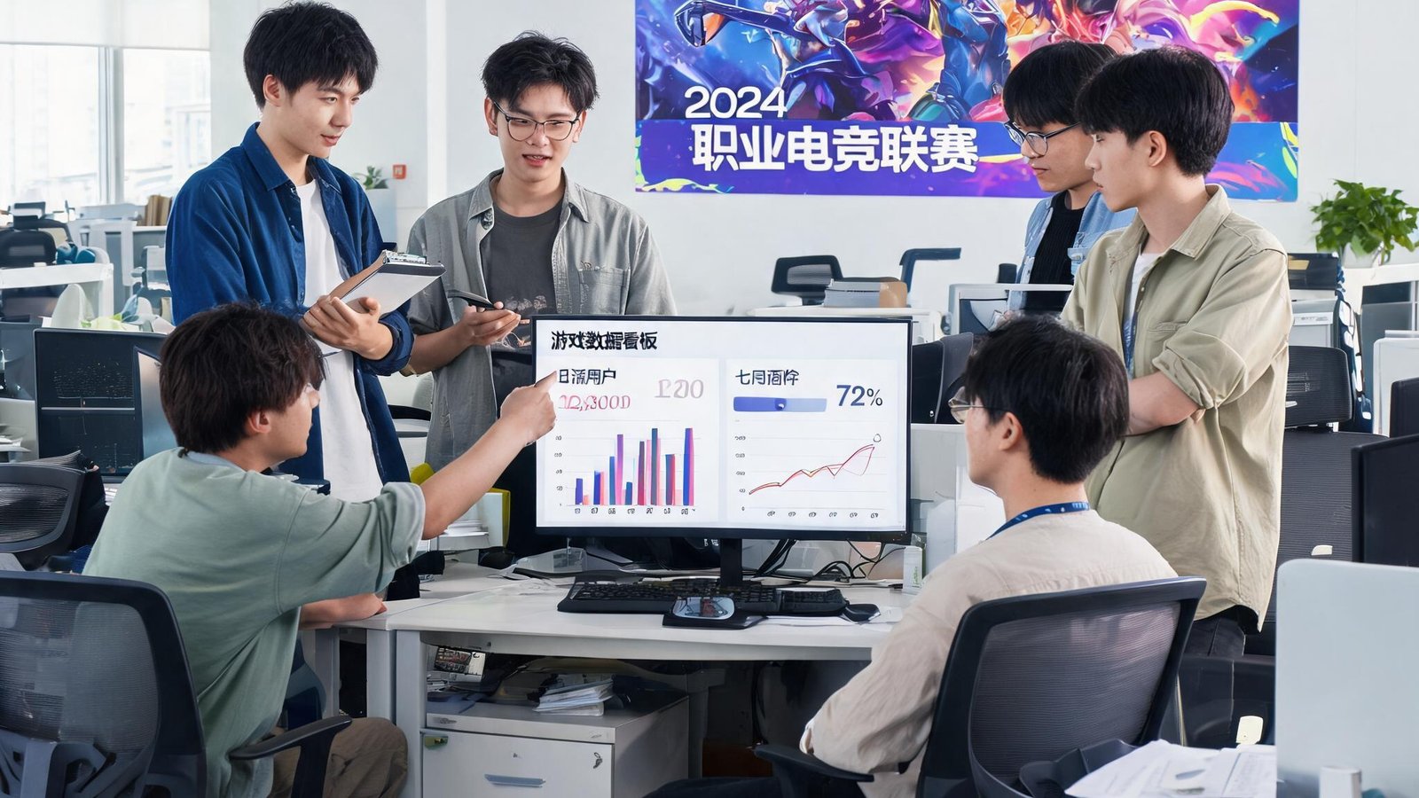 爱游戏官方网站团队在开放式办公室讨论游戏策划，墙上是赛事海报，显示器上显示数据看板